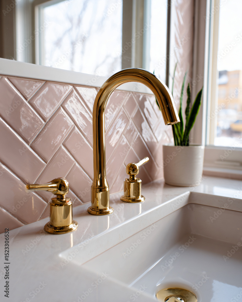 Naklejka premium blush ceramic subway tiles arranged in herringbone pattern on bathroom wall, brass faucet fixtures