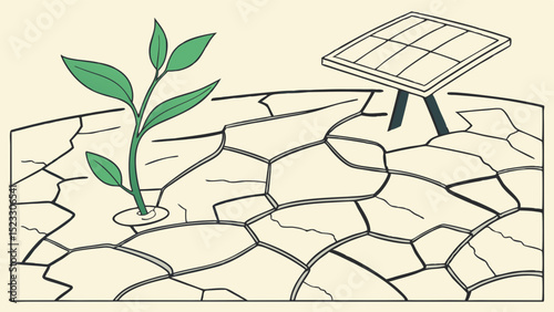 Sprout and Solar Panel on Cracked Earth Illustration