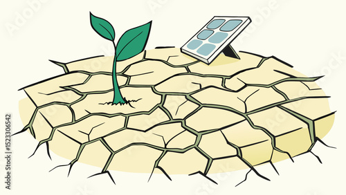 Sprout and Solar Panel on Cracked Earth Symbol of Hope and Sustainability