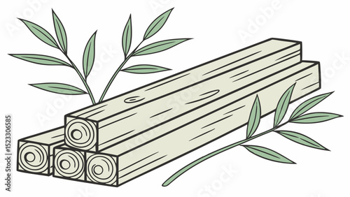 Stacked Lumber with Green Sprigs Illustration on Transparent Background
