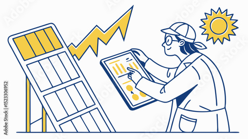 Technician Inspecting Solar Panel Energy Production Data