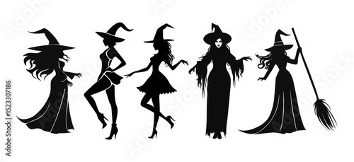 Set of beautiful witchy silhouettes, women witches