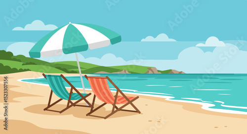 Two wooden deck chairs with striped cushions and a beach umbrella on a sandy beach with a turquoise sea and green hills