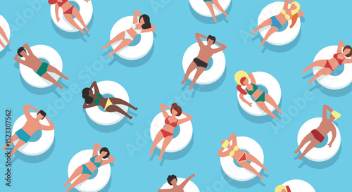 Group of women relaxing on inflatable pool floats in a repeating pattern