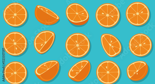 Grid of 16 vibrant orange slices on turquoise background
