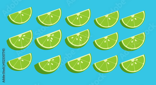 Grid of sixteen lime wedges on blue background