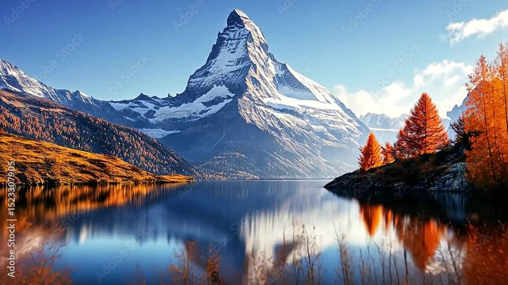 A serene mountain landscape with a reflective lake and autumn trees.