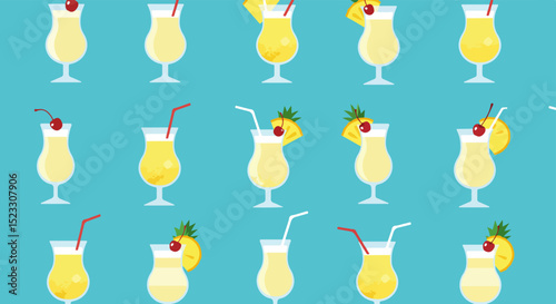 Grid of tropical cocktails in hurricane glasses with fruit garnishes on turquoise background