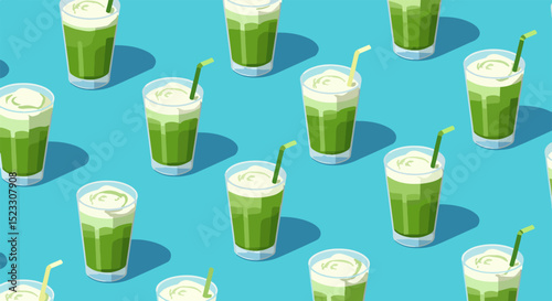 Grid of cylindrical glasses with bright green matcha lattes and green straws on turquoise background