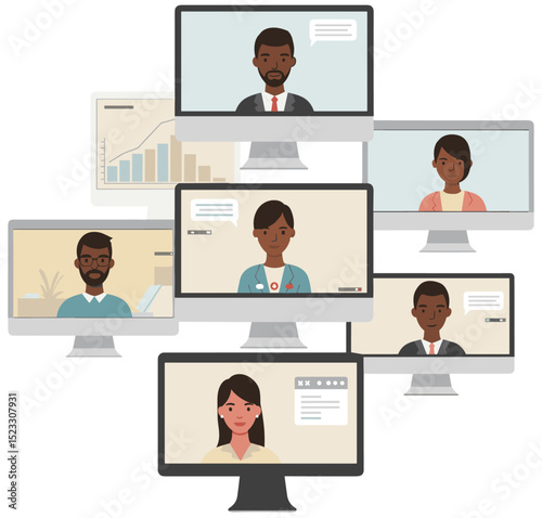 Business team in a video conference call, each person on a separate computer screen. Minimal flat design illustration