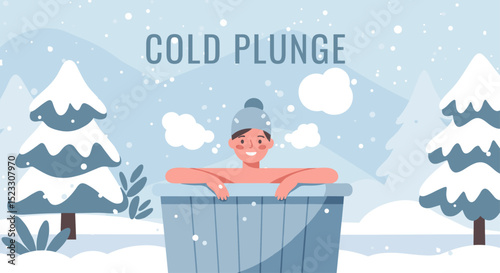 Person doing cold plunge, a cold immersion bath in natural snowy environment. Fat design vector design