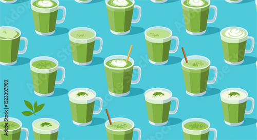 Grid of green matcha lattes with whipped cream and straws on turquoise background