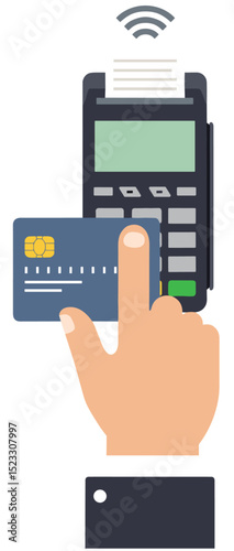 Hand using a contactless payment card on a terminal, credit card symbol visible. Minimal flat design illustration