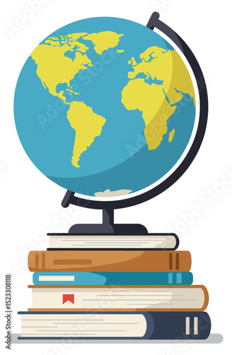 Globe resting on a stack of books, symbolizing global education, on a simple desktop. Minimal flat design illustration