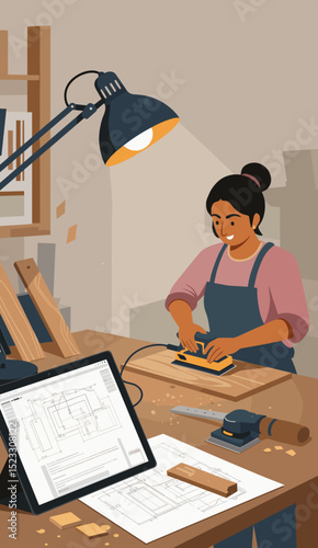Indian woman at workshop sanding wood while the design plan is visible on a tablet nearby. Minimal flat design illustration