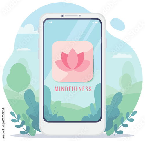 Smartphone displaying a mindfulness app icon and calming nature background on screen. Flat design illustration
