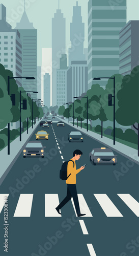 Pedestrian crossing a busy street using a smartphone navigation app, city cars in background. Minimal flat design illustration