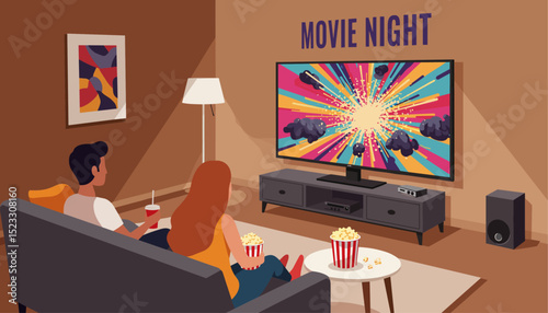 Movie night concept with couple at home theater setup watching a movie on a large screen, popcorn on a side table