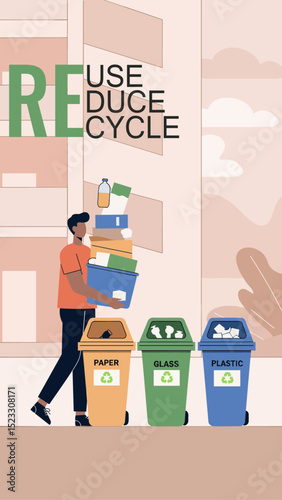 Person pouring waste into recycling bins labeled for paper, glass, and plastic in an apartment complex. Minimal flat design illustration