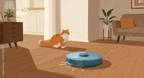 Robotic vacuum cleaning an apartment floor, with pet cat watching; warm home environment with minimal lines