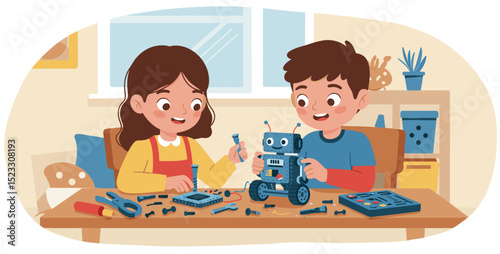 Two children building tech robot. Robotics learning concept. Colorful flat design illustration