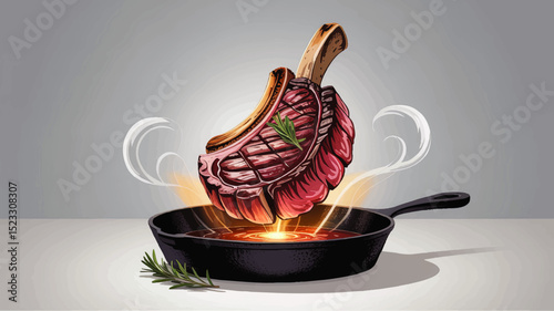 Delicious Tomahawk Steak Illustration Sizzling in Cast Iron Skillet with Rosemary, Juicy Grilled Meat, Modern Food Art