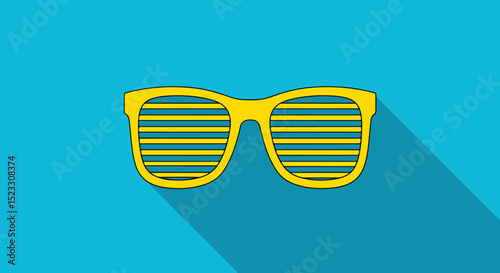 Pair of yellow sunglasses with striped lenses on gradient blue background