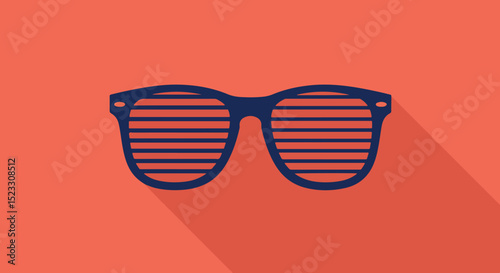 Pair of sunglasses with dark blue frame and orange striped lenses on red background