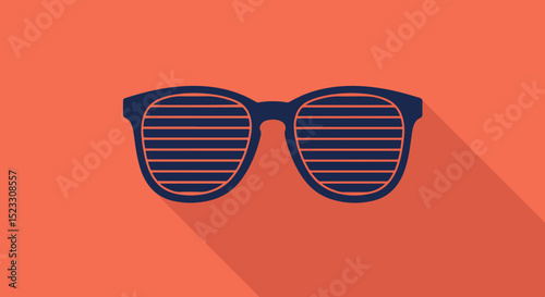 Pair of blue sunglasses with slatted lenses on red background
