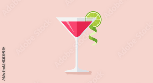 Close-up of a cosmopolitan cocktail in a martini glass with lime garnish on a pink background