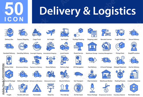 Delivery & Logistics Collection of Icons with Blue Color, Containing: Delivery Box  ,Express Shipping  ,Cargo Truck  ,Air Freight  ,Sea Freight  ,Package Tracking  ,Shipping Label  ,Barcode Scanner 