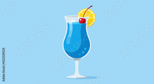 Classic cocktail glass with bright blue drink, red cherry, lemon slice, and red straw on light blue background