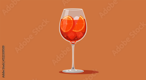 Single wine glass with deep red wine and orange slices on warm orange background