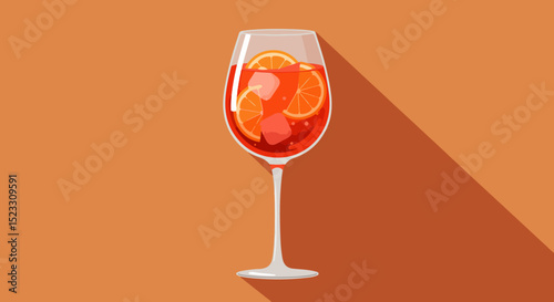 Close-up illustration of a wine glass with red sangria, orange slices, and dark red fruit on a solid orange background