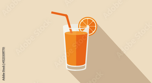 Tall glass of bright orange juice with red straw and orange slice garnish on light beige background