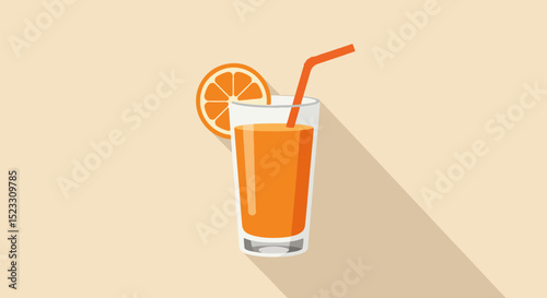 Tall glass of bright orange juice with red straw and orange slice on transparent background