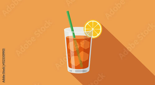 Tall glass of iced tea with lemon slice and green straw on orange background