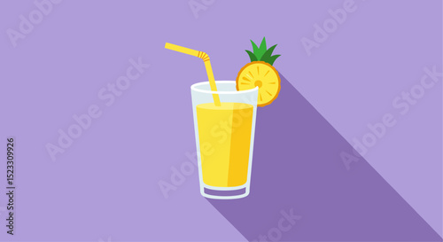 Tall glass of bright yellow orange juice with yellow straw, orange slice, and pineapple wedge on purple background