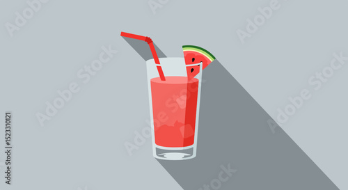 Tall glass of bright pink fruit juice with red straw and watermelon slice on rim