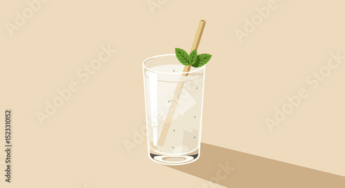 Tall clear glass with light sparkling beverage, wooden straw, and mint sprig on light beige background