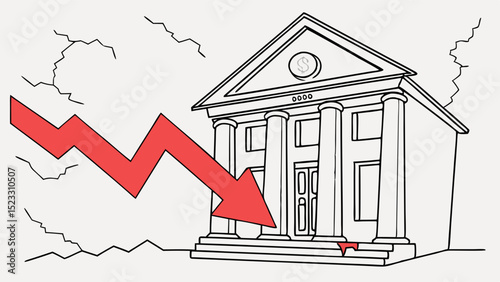 Bank Building with Decreasing Red Arrow Graphic