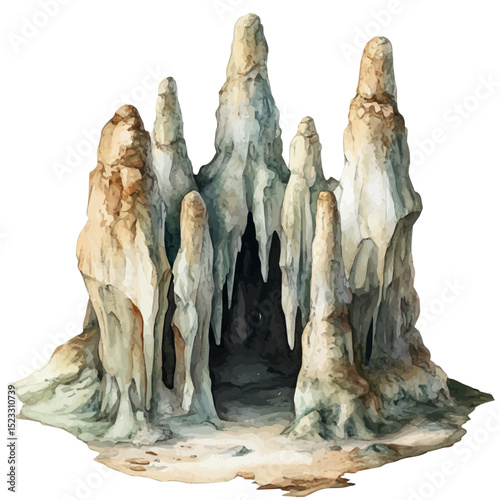 Stalagmites, watercolor clipart vector, high quality, isolated on a white background.