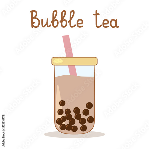 Bubble tea showing boba and pink straw in glass jar with yellow lid, with lettering