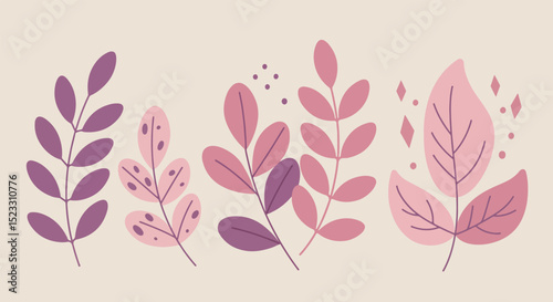 Four clusters of purple and pink leaves in a symmetrical botanical illustration