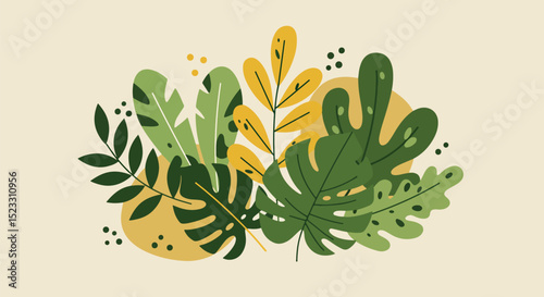 Diverse assortment of tropical leaves with rich green, yellow, and brown hues on beige background