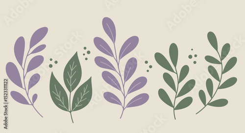 Balanced arrangement of stylized purple and green leaves on light beige background