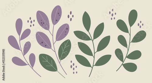 Still life composition with purple and green botanical elements