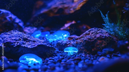 Glowing blue jellyfish gracefully drift amidst dark rocks and pebbles in a dimly lit aquarium, illuminated by an ethereal blue light, creating a serene underwater scene