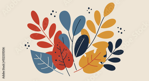 Abstract arrangement of vibrant leaves in red, blue, yellow, and dark blue