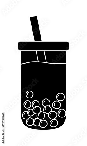 Black silhouette of rounded glass with bubble tea boba pearls straw, glyph icon vector
